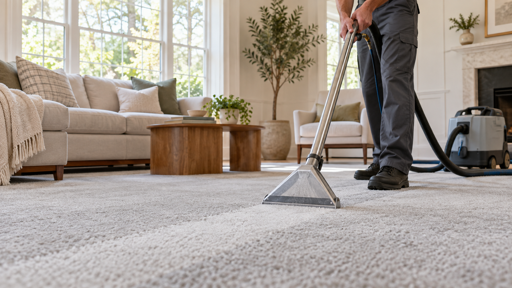 Carpet cleaning in a bright residential living room